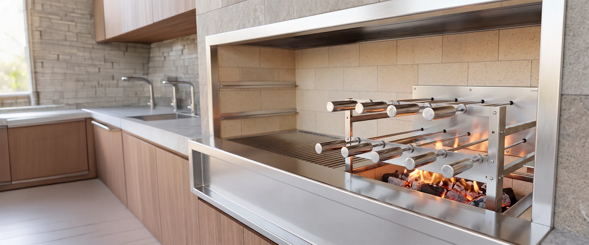 Sistema giratório JDA montado na churrasqueira de uma área gourmet, com os espetos de inox girando sobre a brasa acesa